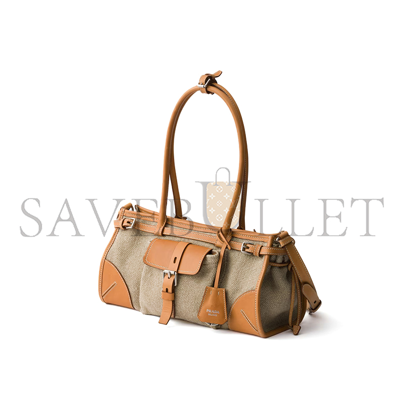 PRADA BONNIE MEDIUM LINEN AND LEATHER HANDBAG 1BA426 (32*15.5*12cm)